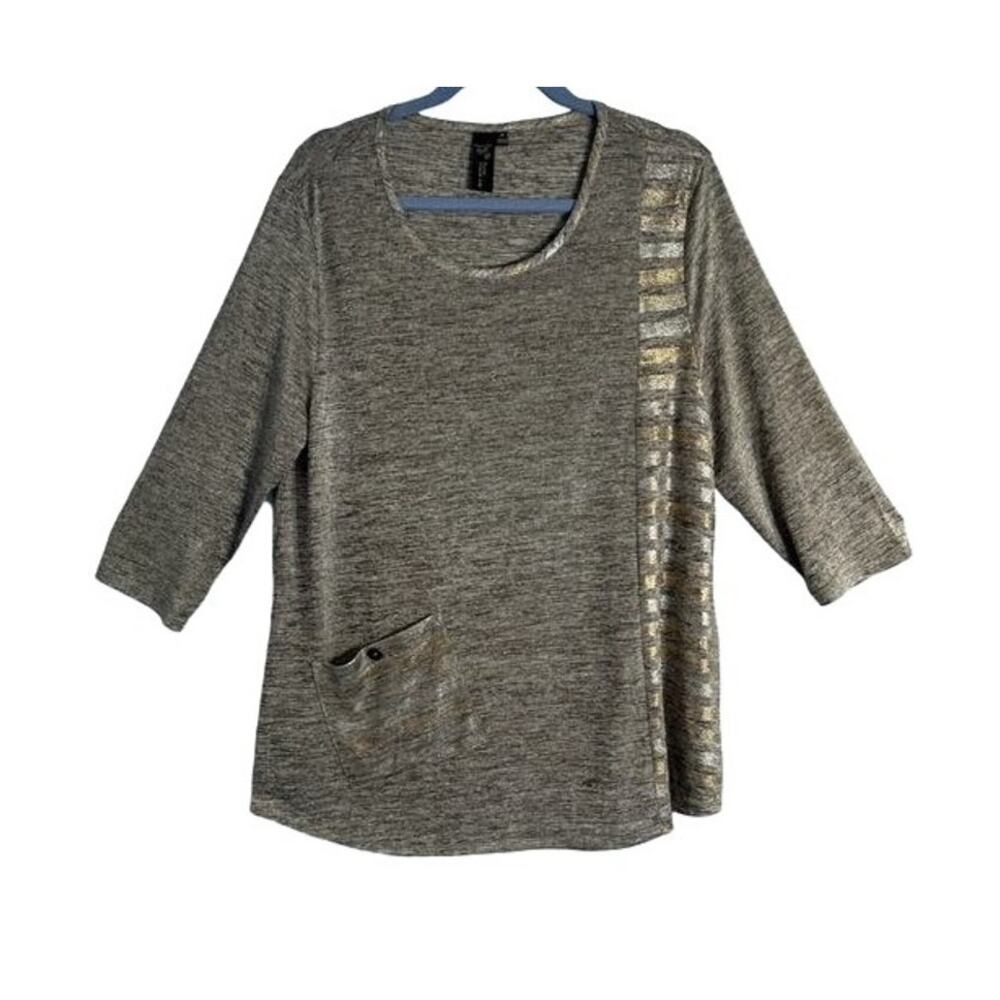 Focus Top Womens Size M Gray Pullover Tunic Front Pocket Gold Silver Graphic EUC